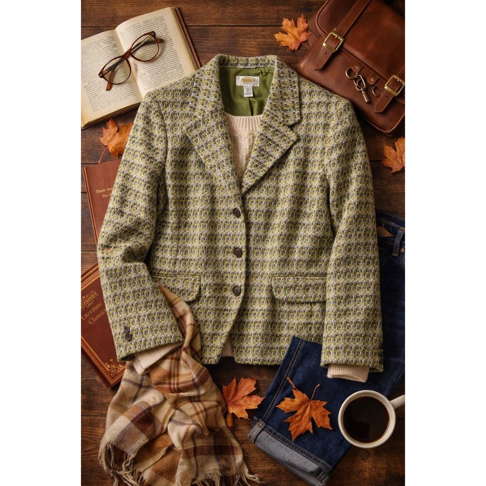 Talbots Green Blue Tweed Blazer Womens Size 14 Classic Preppy Career Coat